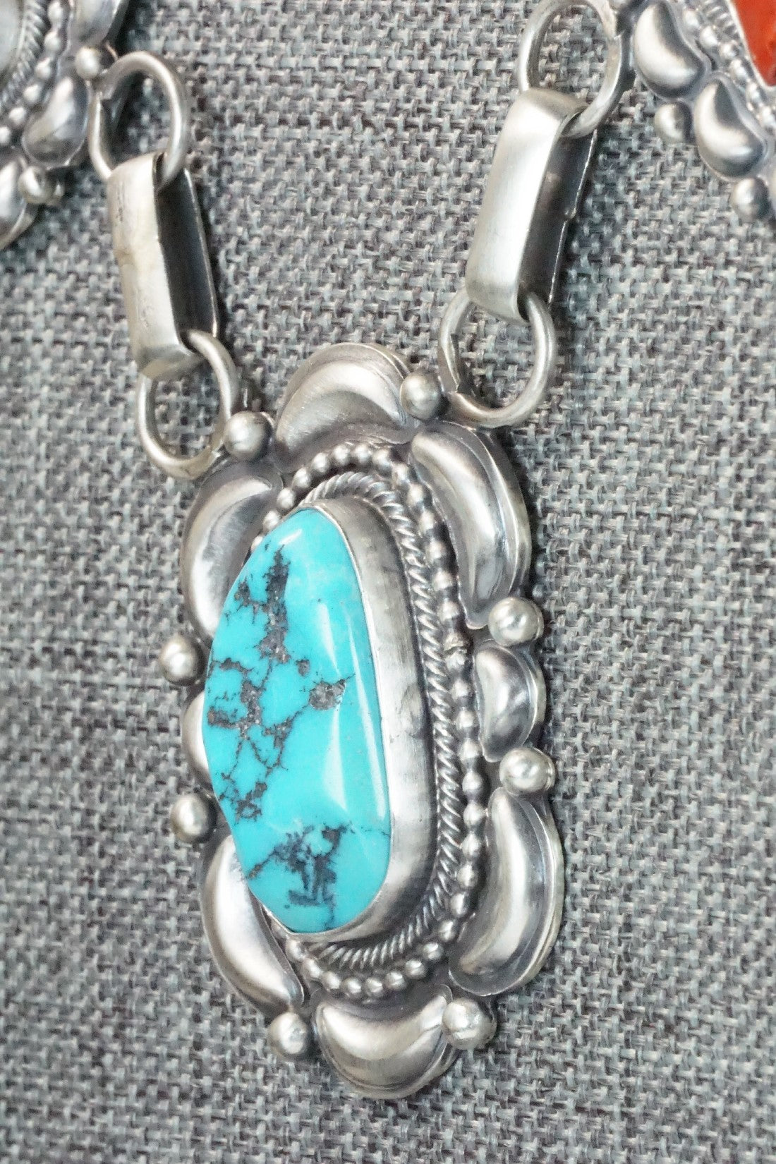 Turquoise, Coral & Sterling Silver Necklace and Earrings Set - Tom Lewis