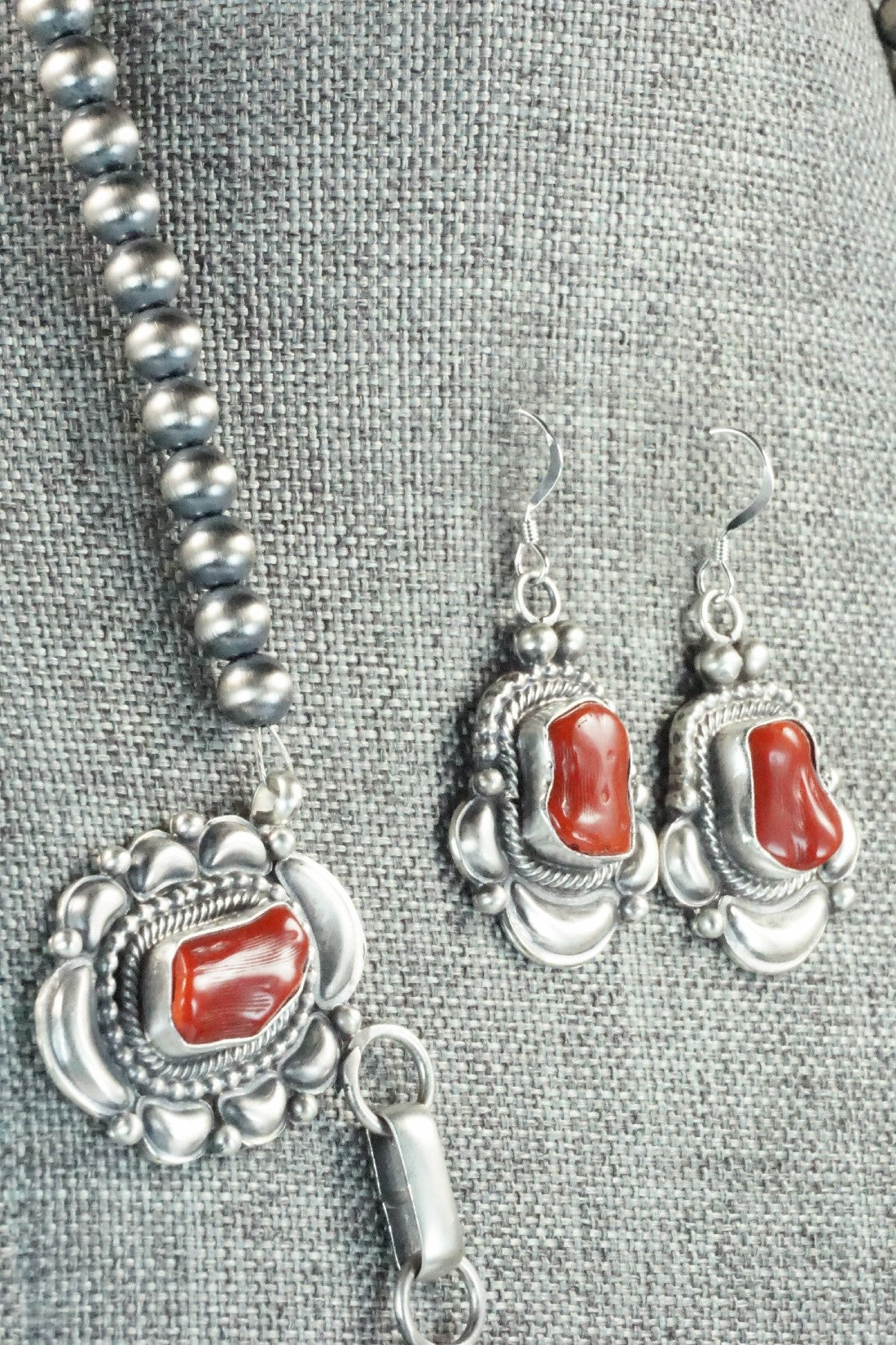 Turquoise, Coral & Sterling Silver Necklace and Earrings Set - Tom Lewis