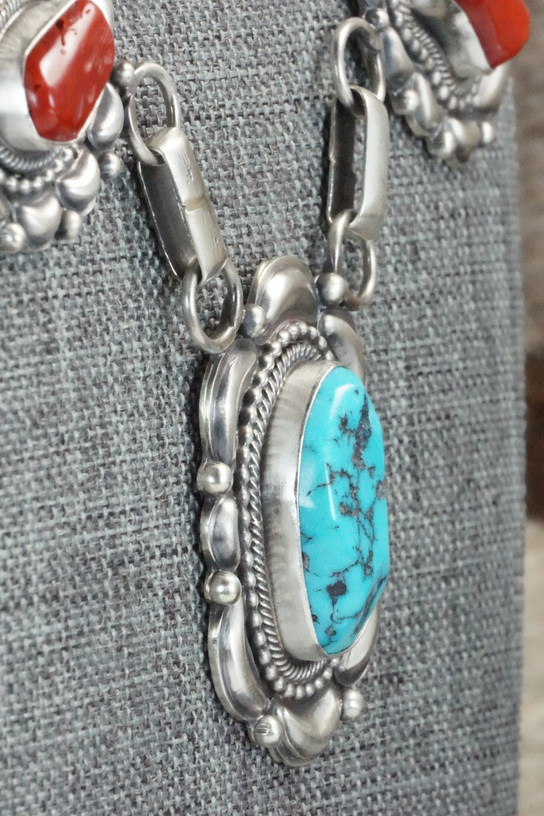 Turquoise, Coral & Sterling Silver Necklace and Earrings Set - Tom Lewis