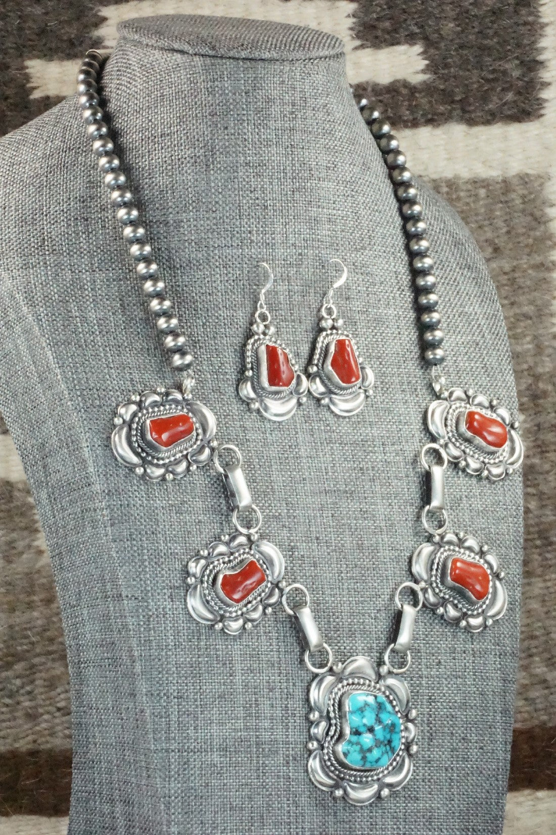 Turquoise, Coral & Sterling Silver Necklace and Earrings Set - Tom Lewis