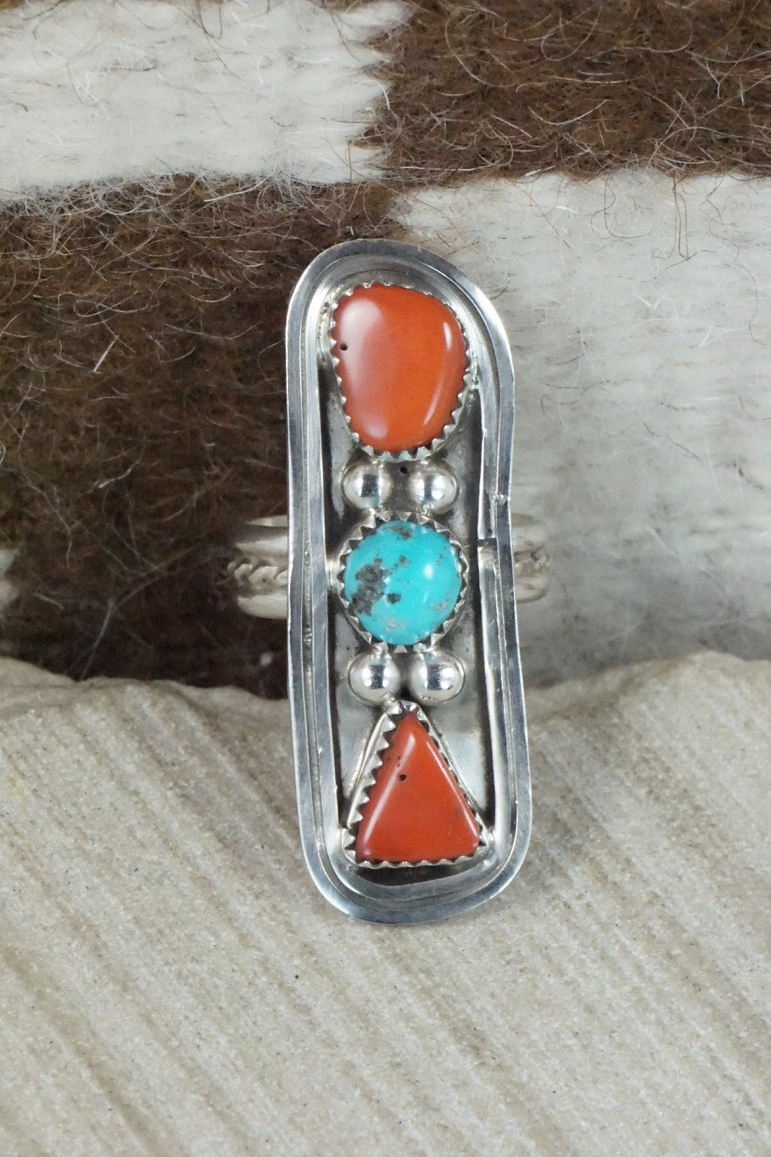 Coral, Turquoise & Sterling Silver Ring - Chris Nez - Size 8