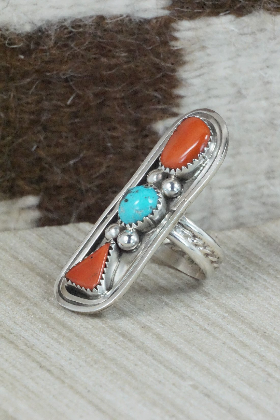 Coral, Turquoise & Sterling Silver Ring - Chris Nez - Size 8