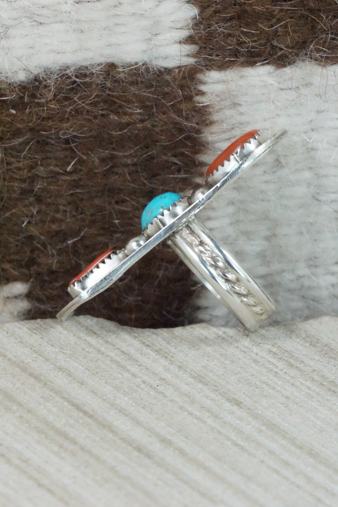 Coral, Turquoise & Sterling Silver Ring - Chris Nez - Size 8