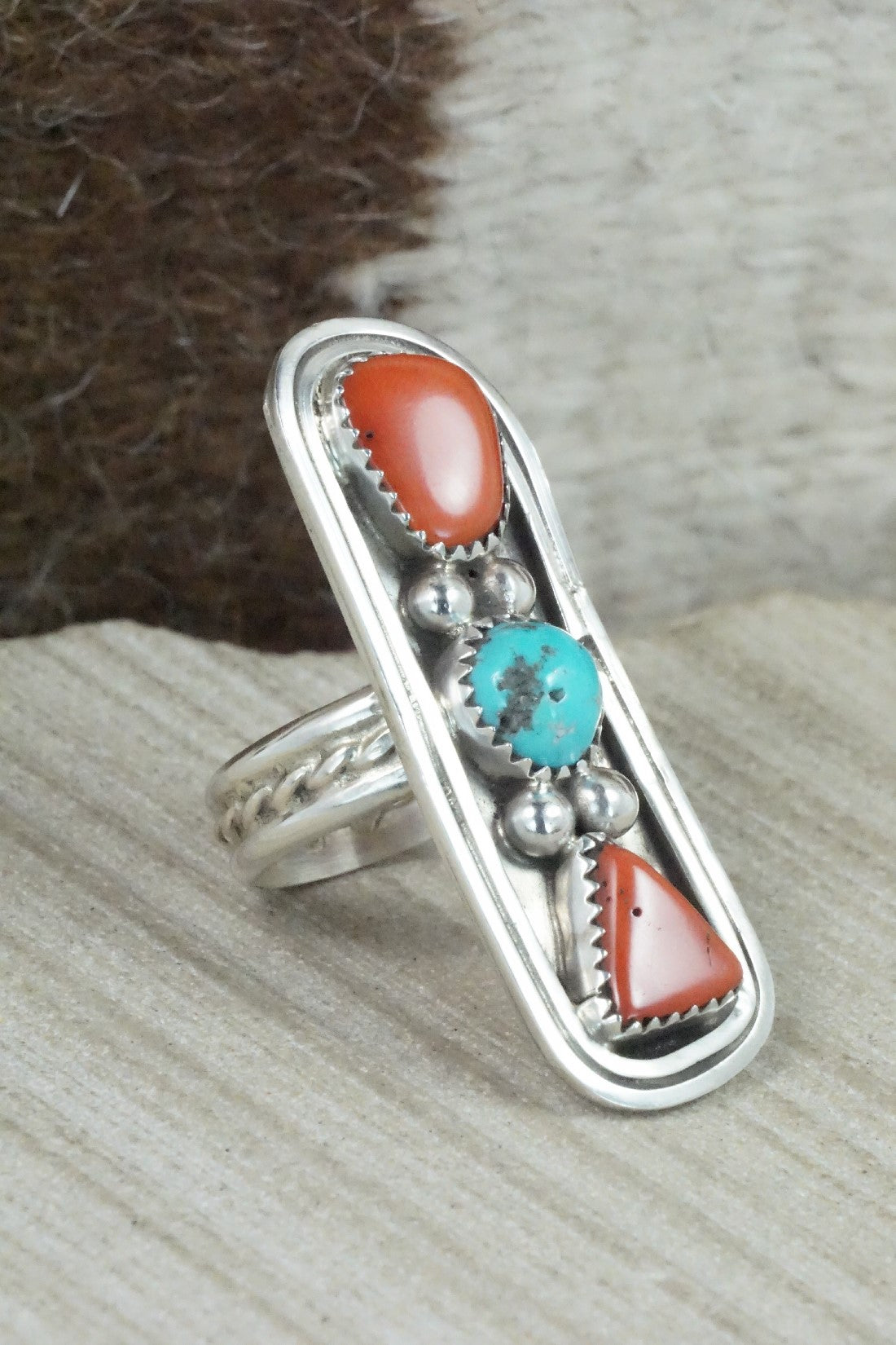 Coral, Turquoise & Sterling Silver Ring - Chris Nez - Size 8