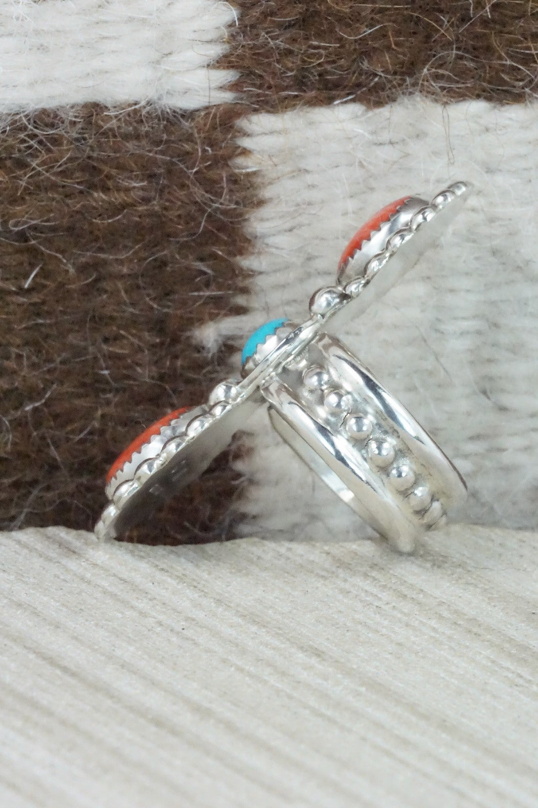 Spiny Oyster, Turquoise & Sterling Silver Ring - Chris Nez - Size 7.75