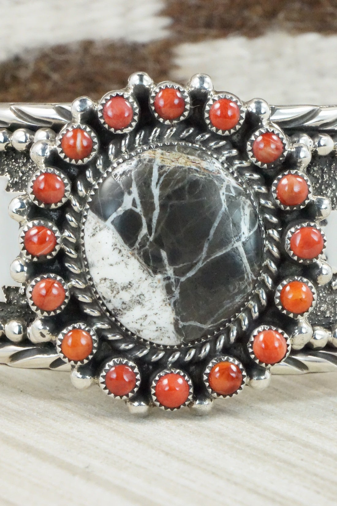 White Buffalo, Spiny Oyster & Sterling Silver Bracelet - Sandra Parkett