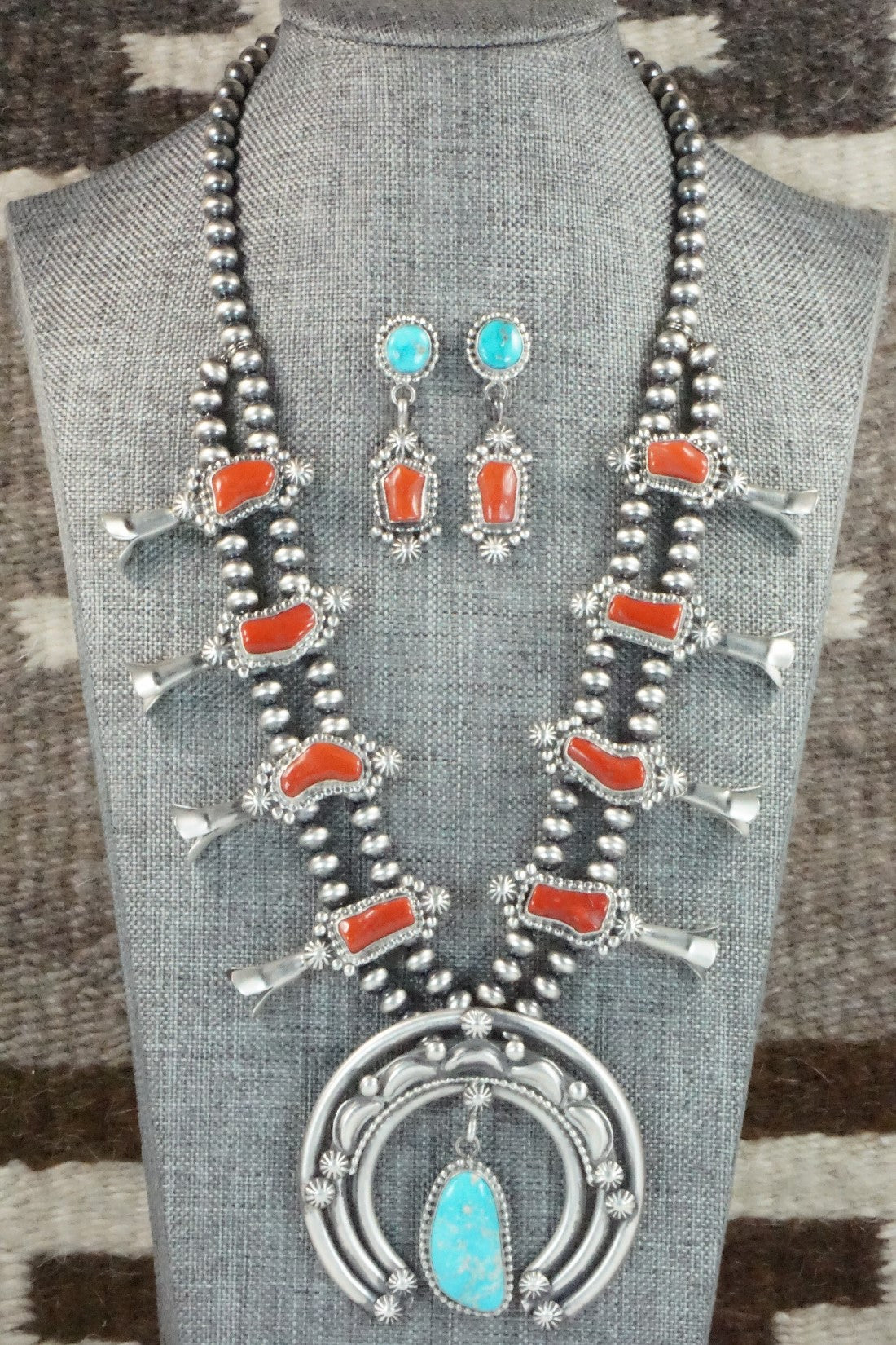 Turquoise, Coral & Sterling Silver Squash Blossom Set - Tom Lewis