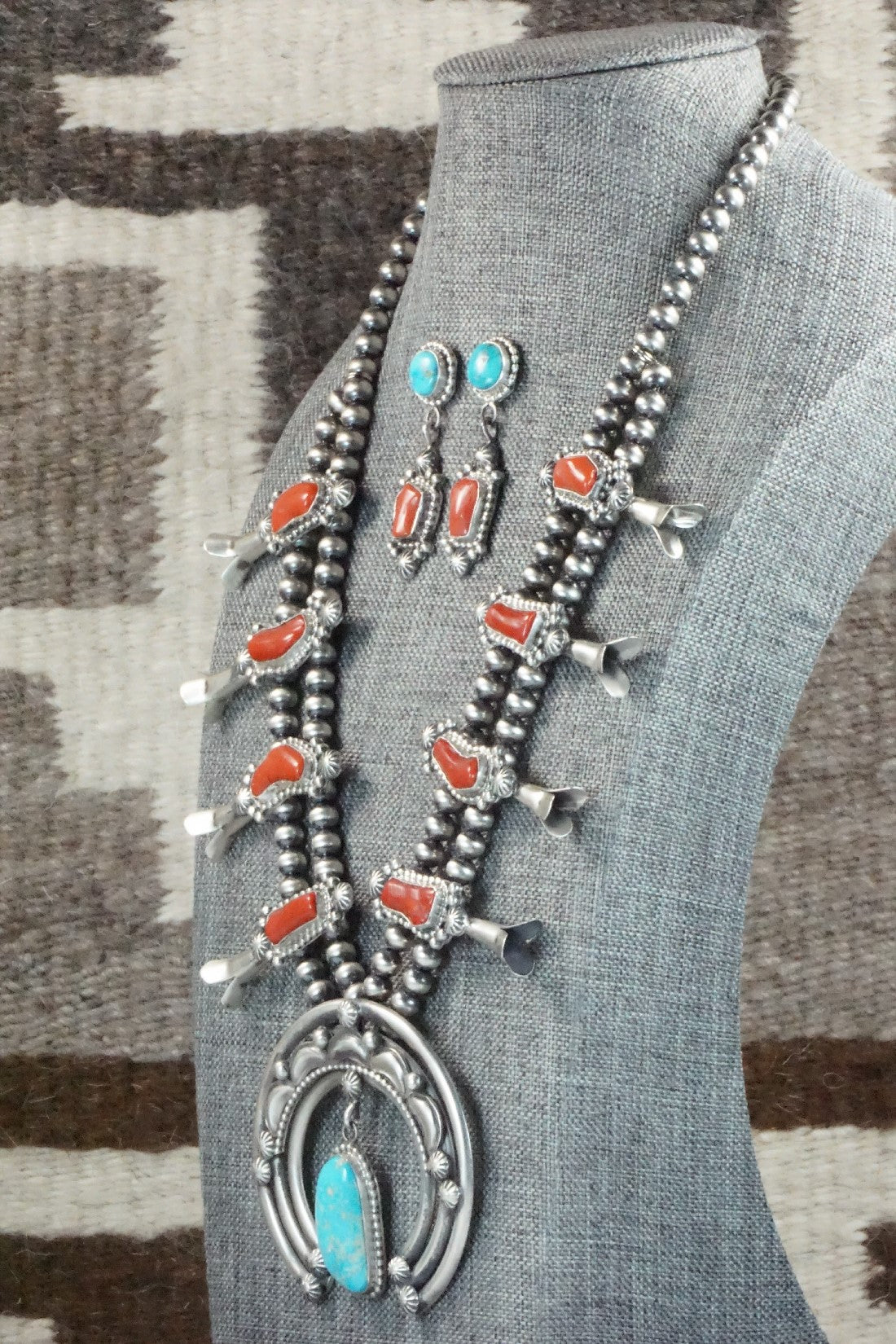 Turquoise, Coral & Sterling Silver Squash Blossom Set - Tom Lewis