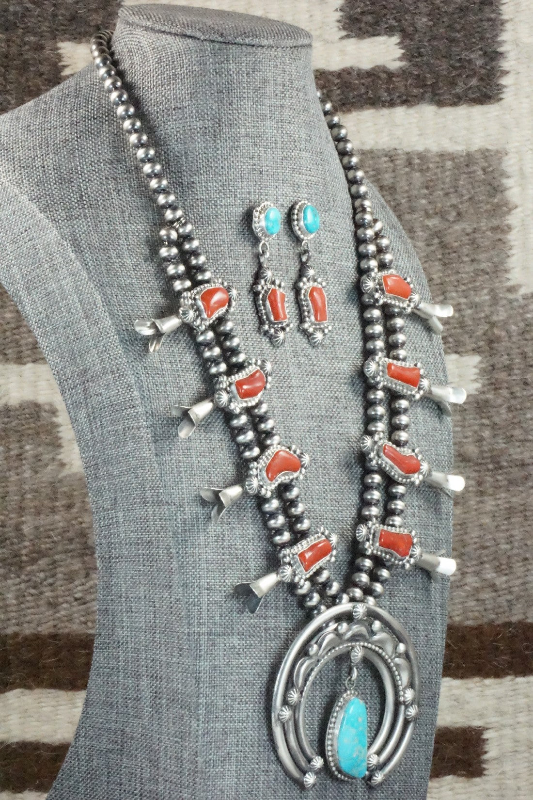 Turquoise, Coral & Sterling Silver Squash Blossom Set - Tom Lewis