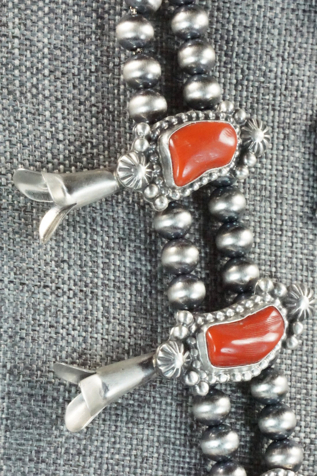 Turquoise, Coral & Sterling Silver Squash Blossom Set - Tom Lewis