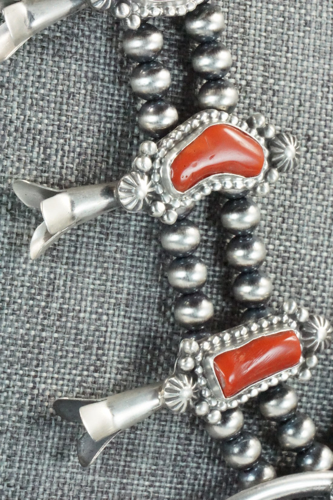 Turquoise, Coral & Sterling Silver Squash Blossom Set - Tom Lewis