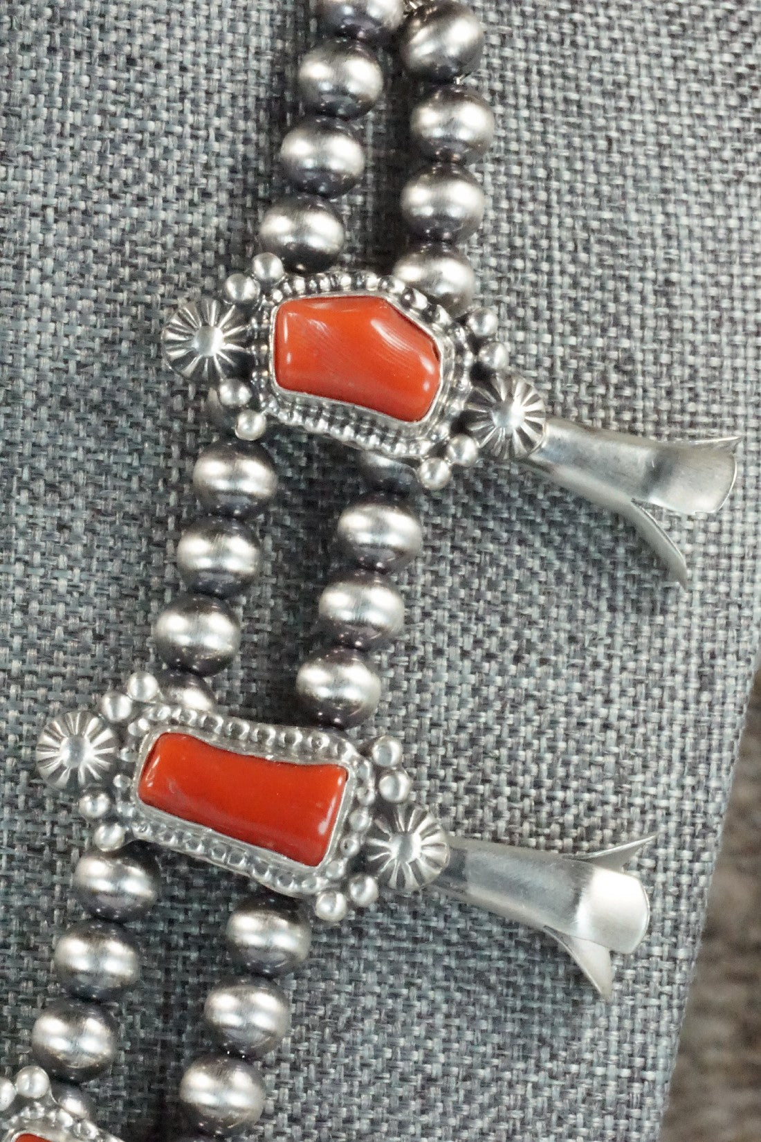 Turquoise, Coral & Sterling Silver Squash Blossom Set - Tom Lewis
