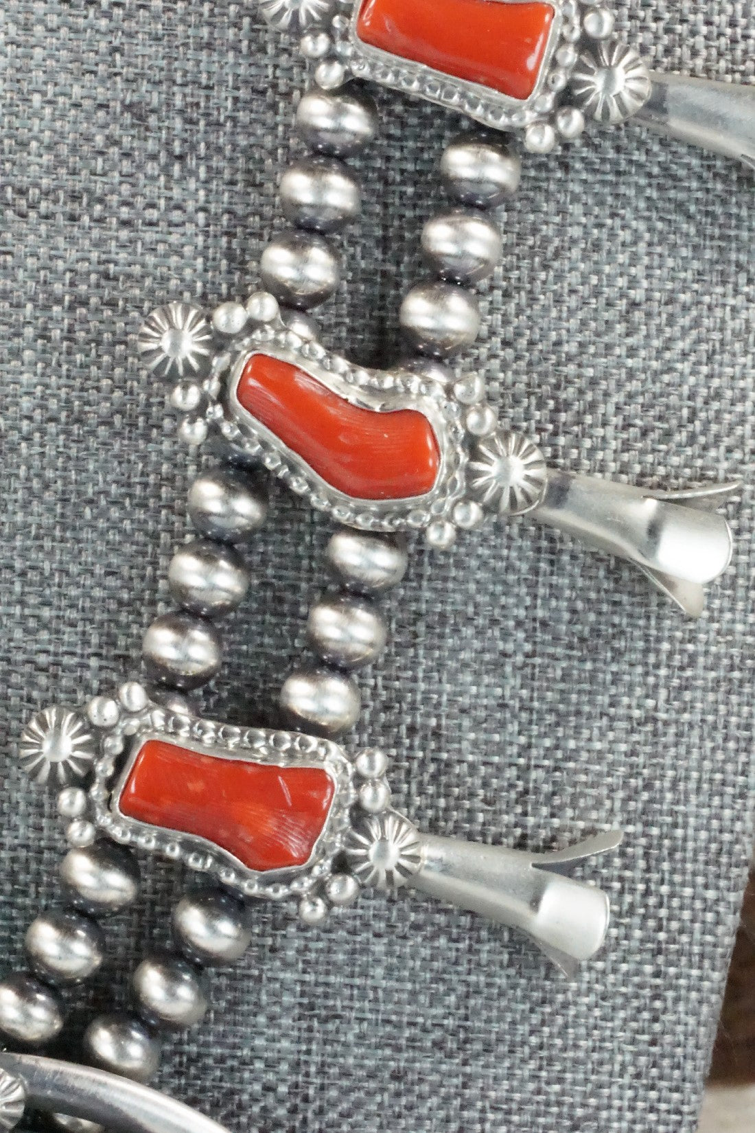 Turquoise, Coral & Sterling Silver Squash Blossom Set - Tom Lewis