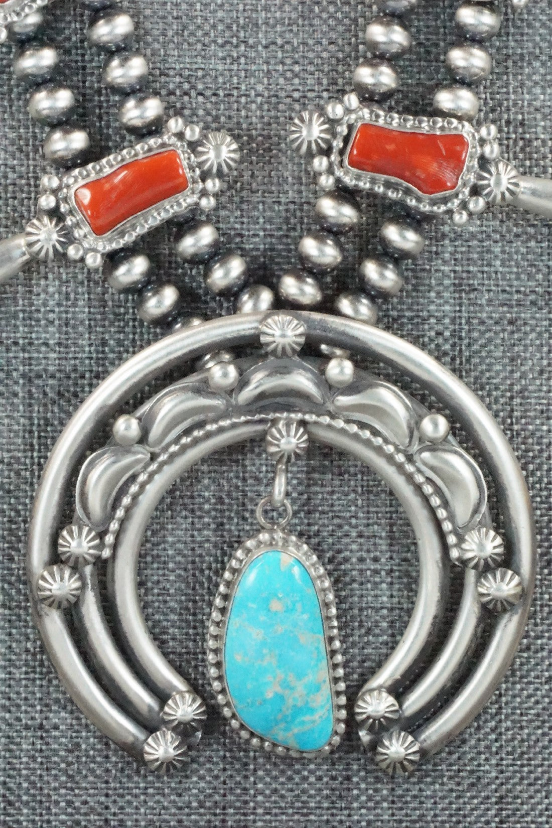 Turquoise, Coral & Sterling Silver Squash Blossom Set - Tom Lewis
