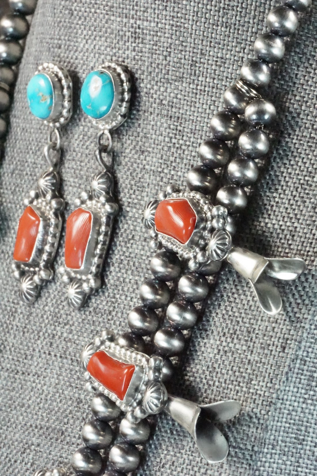 Turquoise, Coral & Sterling Silver Squash Blossom Set - Tom Lewis