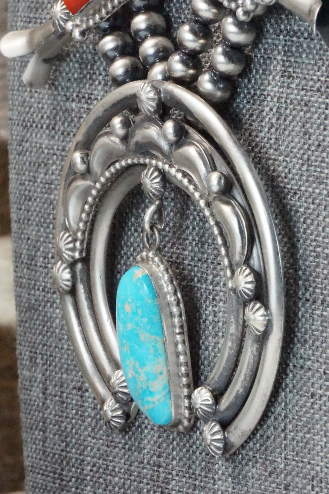 Turquoise, Coral & Sterling Silver Squash Blossom Set - Tom Lewis