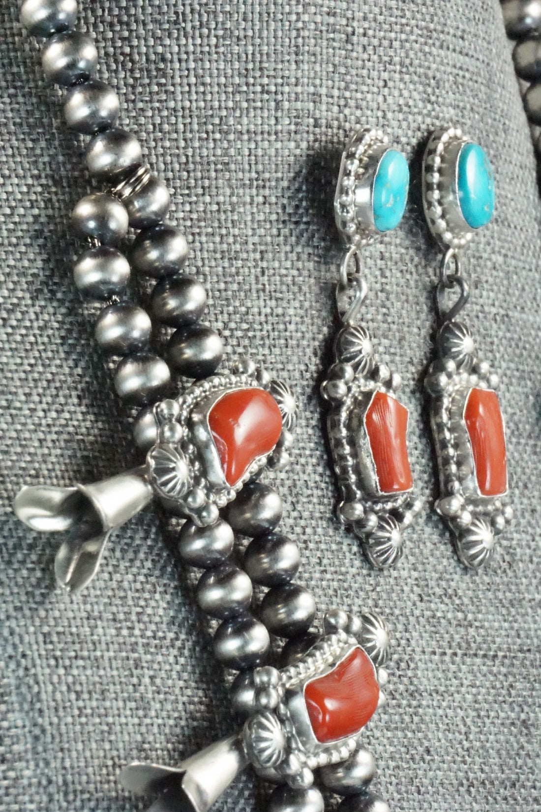 Turquoise, Coral & Sterling Silver Squash Blossom Set - Tom Lewis