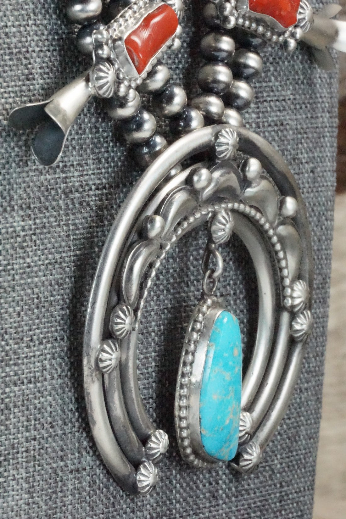 Turquoise, Coral & Sterling Silver Squash Blossom Set - Tom Lewis