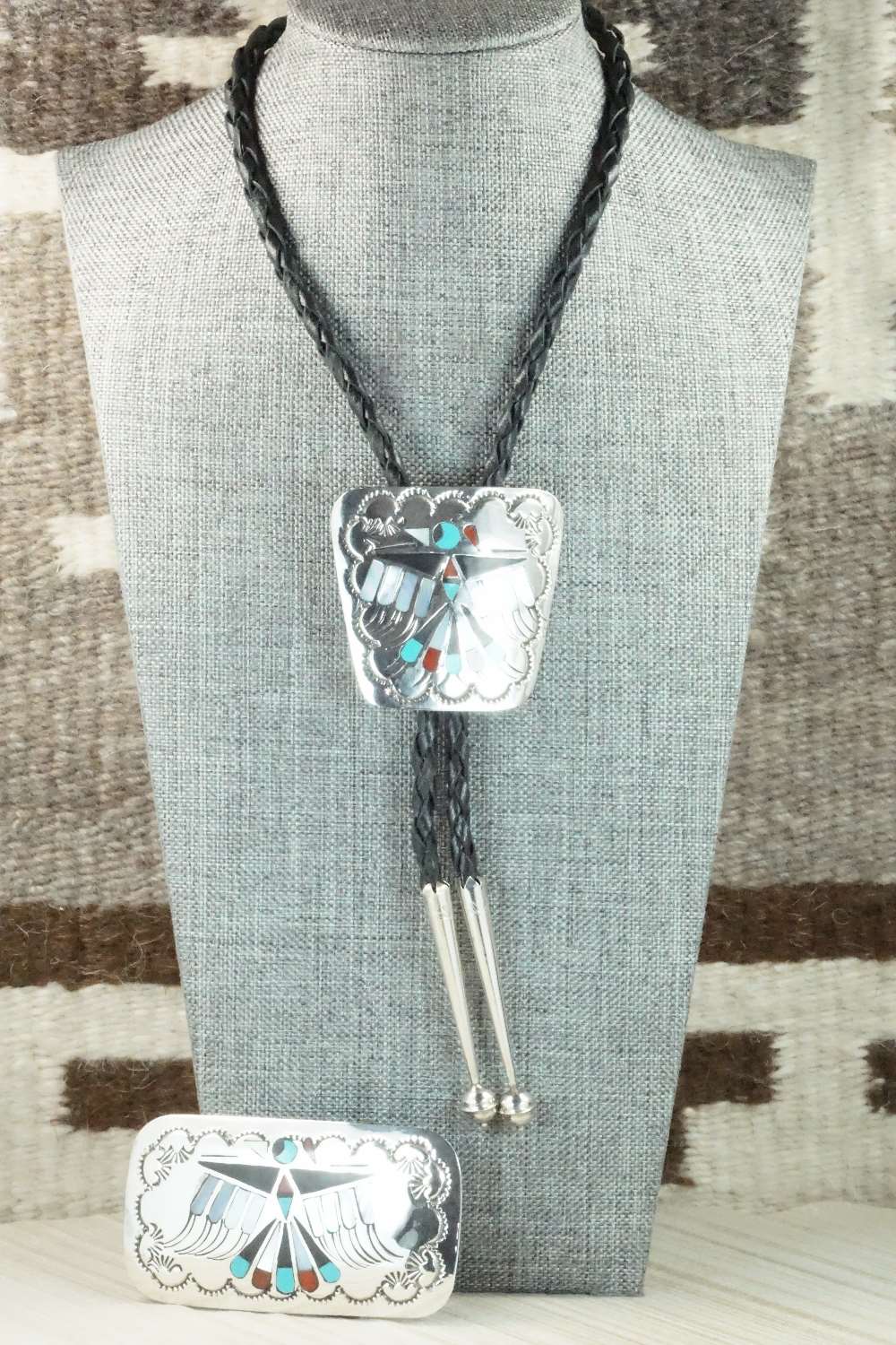 Multi Stone & Sterling Silver Inlay Bolo Tie and Buckle - Jane Becenti