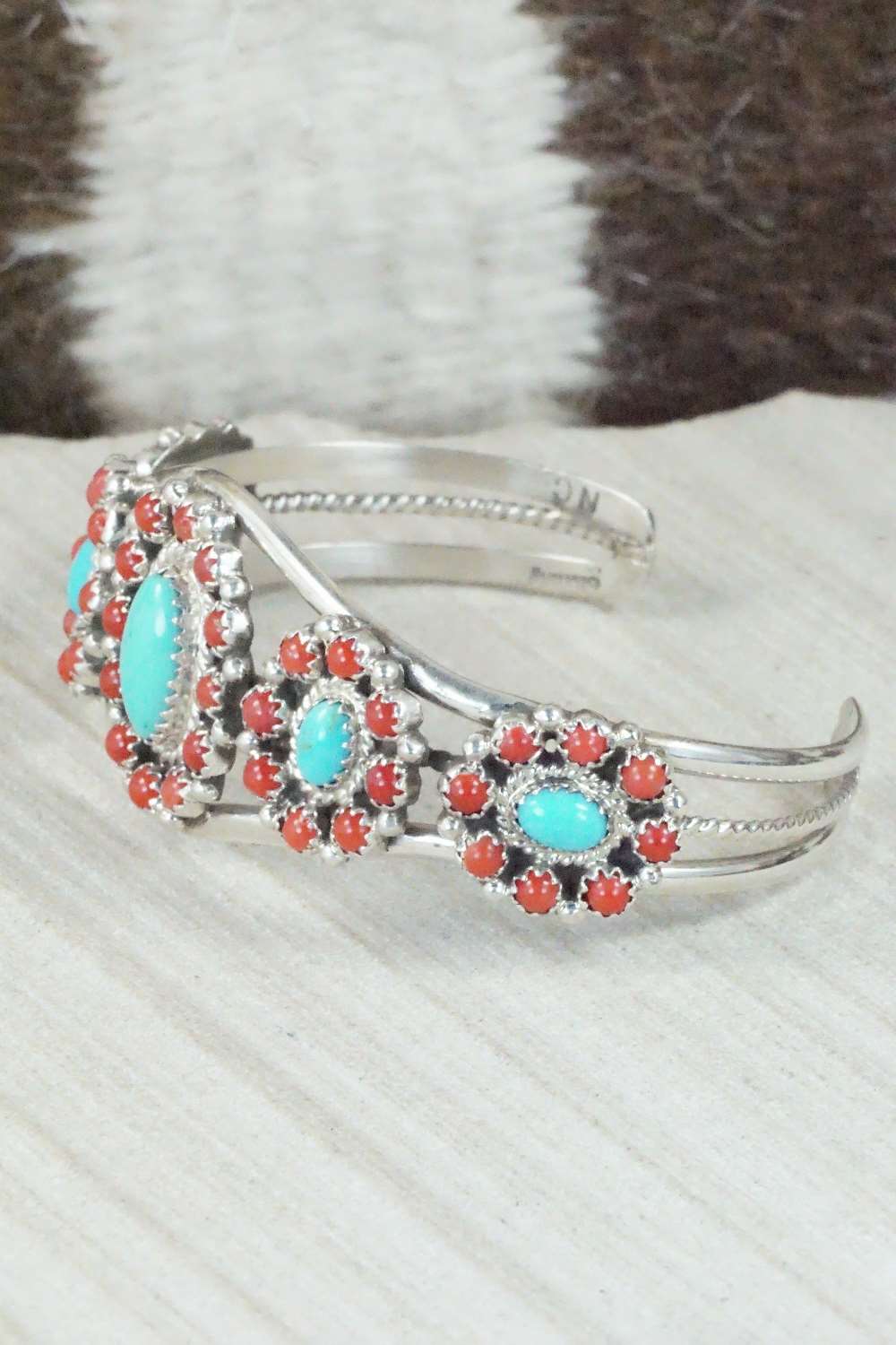 Turquoise, Coral & Sterling Silver Bracelet - Nathaniel Curley