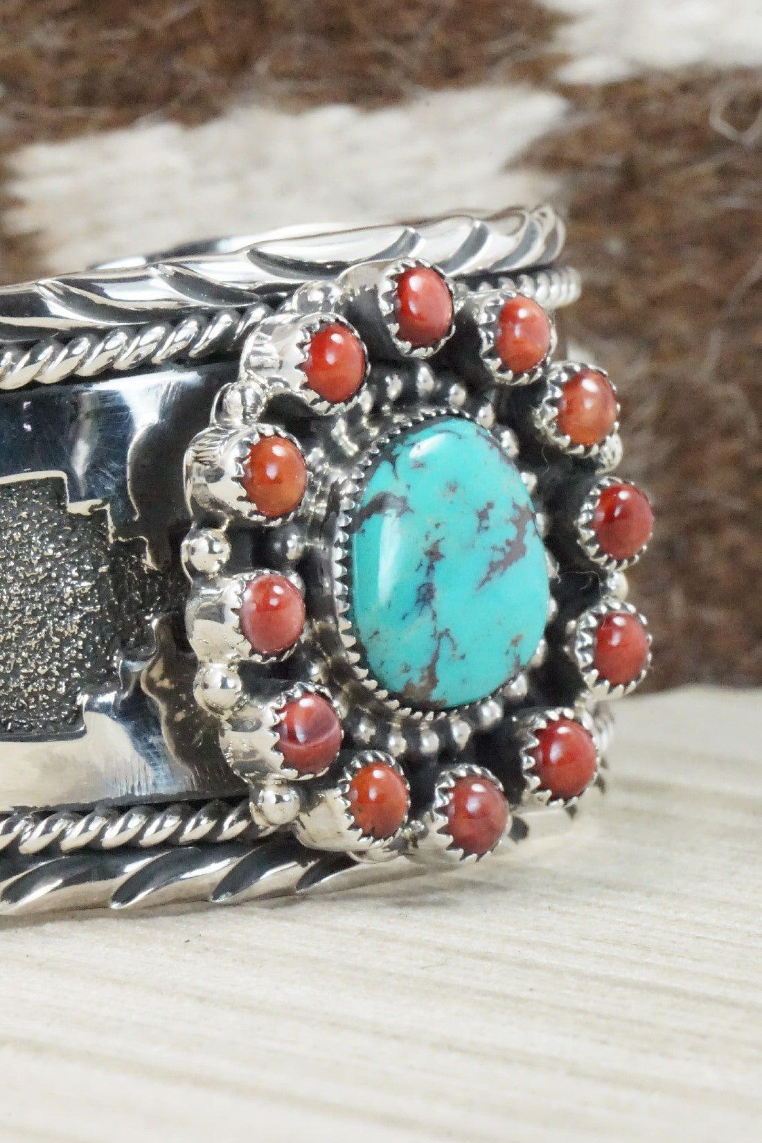 Turquoise, Spiny Oyster & Sterling Silver Bracelet - Sandra Parkett