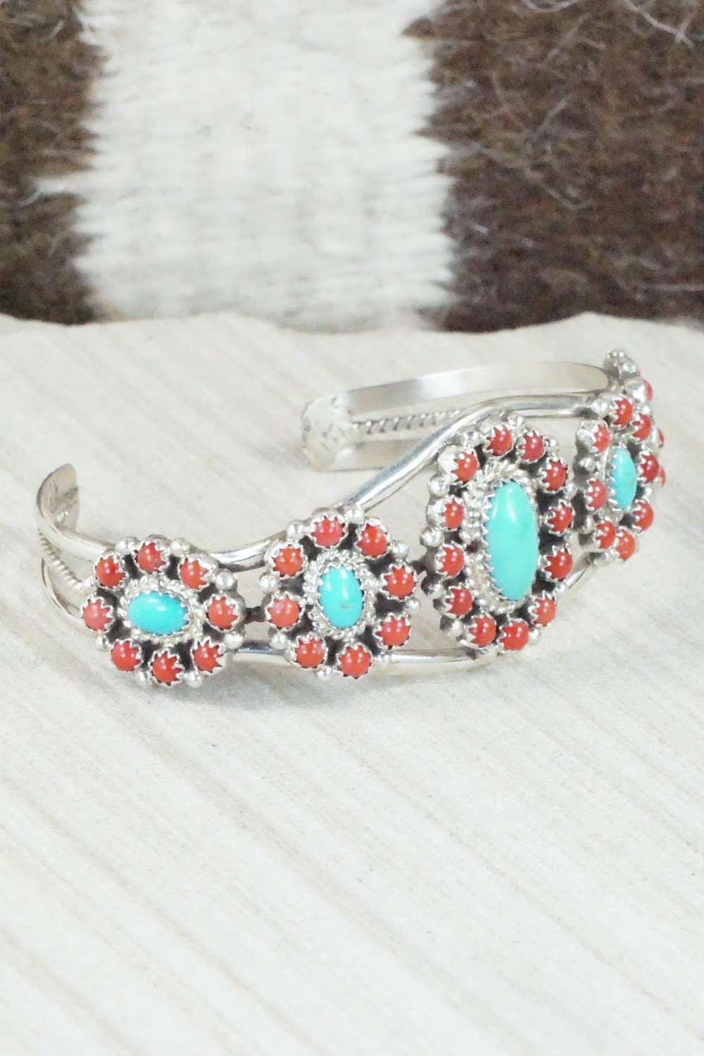 Turquoise, Coral & Sterling Silver Bracelet - Nathaniel Curley