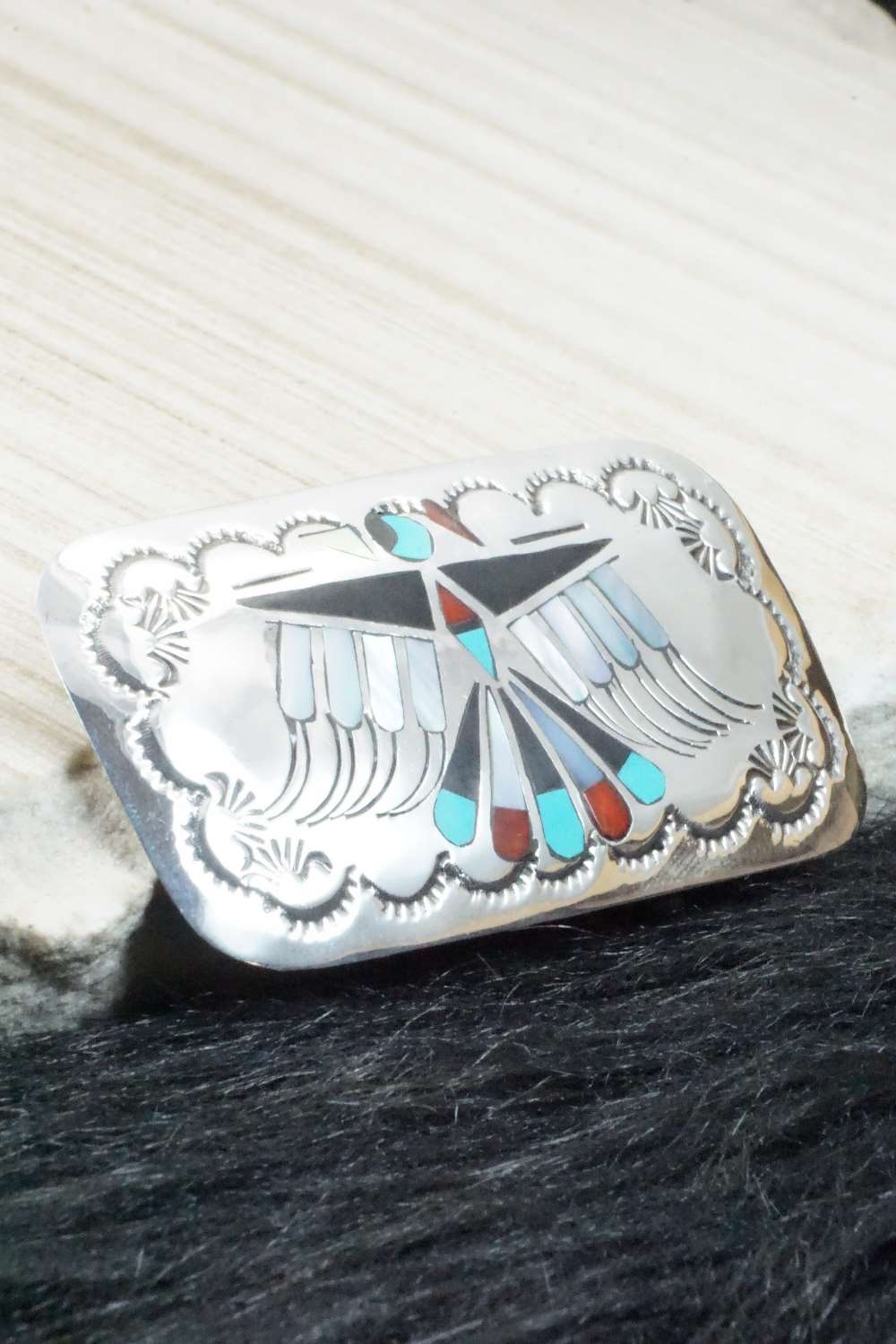 Multi Stone & Sterling Silver Inlay Bolo Tie and Buckle - Jane Becenti