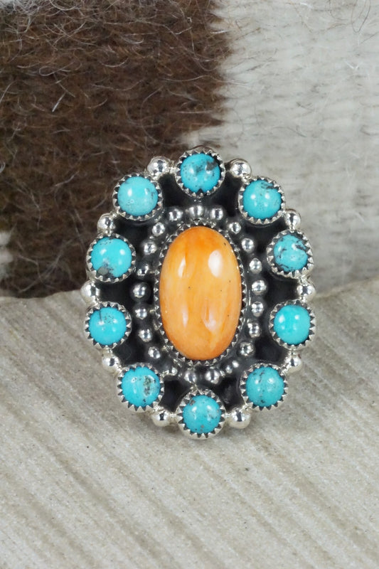 Spiny Oyster, Turquoise & Sterling Silver Ring - Sandra Parkett - Size 8 (Adj.)