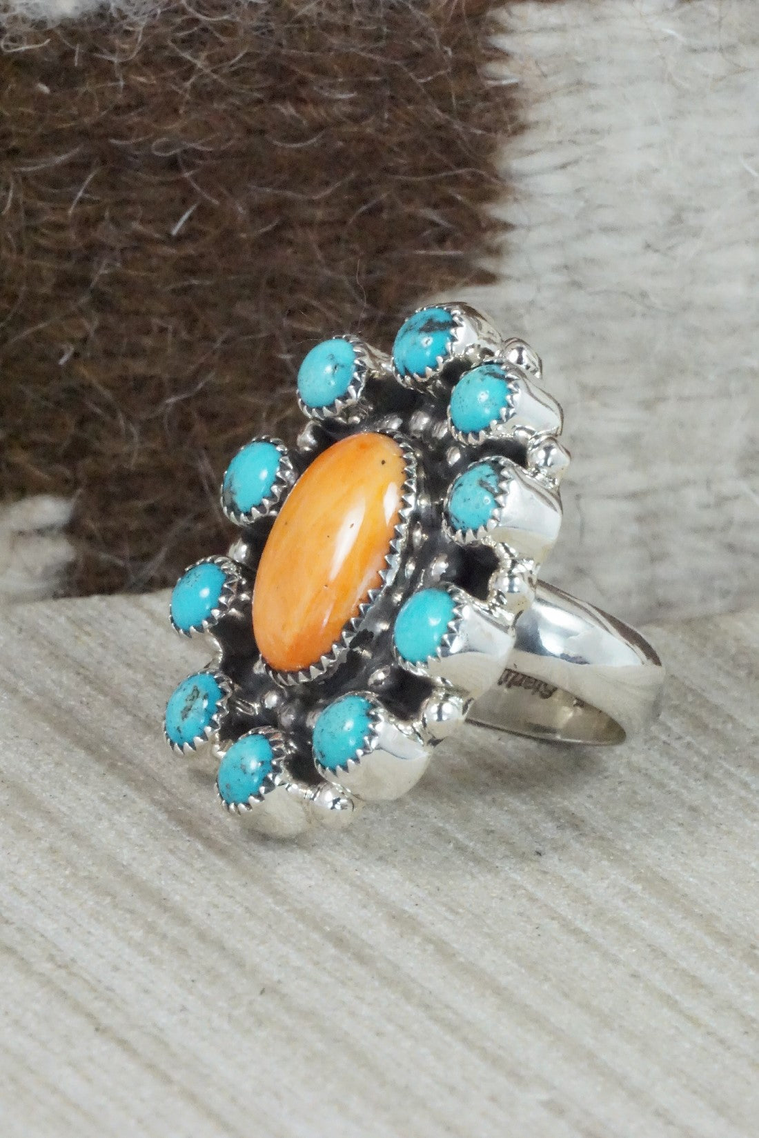 Spiny Oyster, Turquoise & Sterling Silver Ring - Sandra Parkett - Size 8 (Adj.)