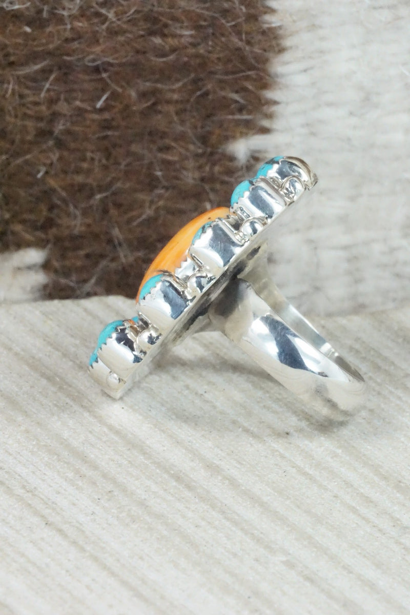 Spiny Oyster, Turquoise & Sterling Silver Ring - Sandra Parkett - Size 8 (Adj.)