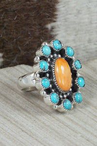 Spiny Oyster, Turquoise & Sterling Silver Ring - Sandra Parkett - Size 8 (Adj.)