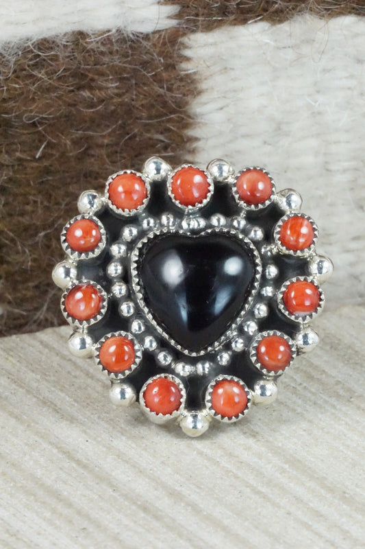 Onyx, Spiny Oyster & Sterling Silver Ring - Sandra Parkett - Size 9 (Adj.)