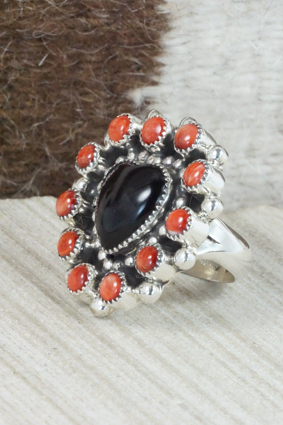 Onyx, Spiny Oyster & Sterling Silver Ring - Sandra Parkett - Size 9 (Adj.)