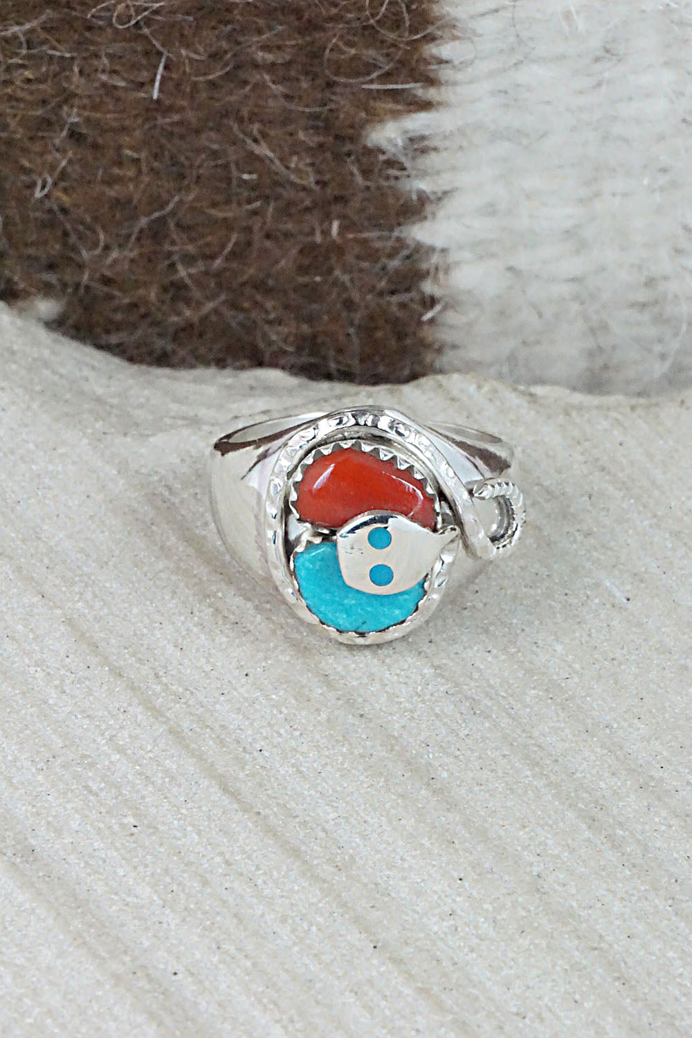 Turquoise, Coral & Sterling Silver Ring - Joy Calavaza - Size 8