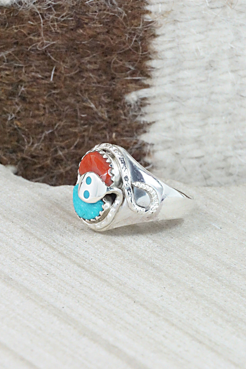 Turquoise, Coral & Sterling Silver Ring - Joy Calavaza - Size 8