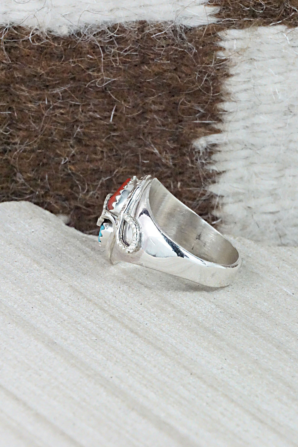 Turquoise, Coral & Sterling Silver Ring - Joy Calavaza - Size 8