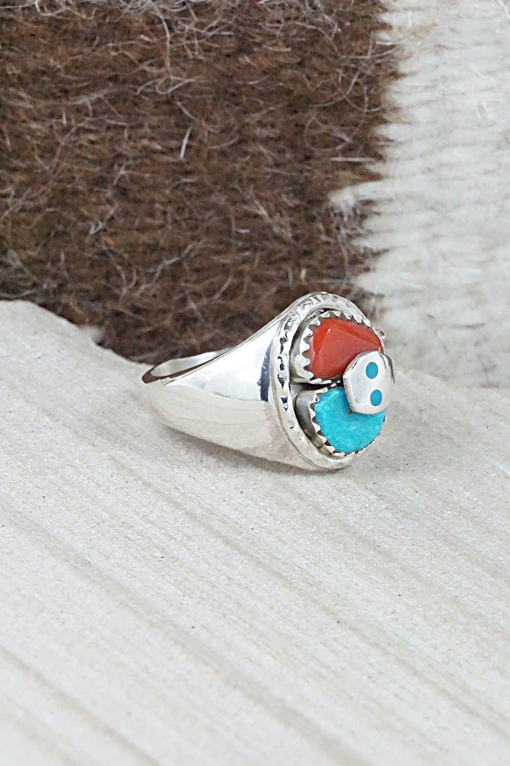 Turquoise, Coral & Sterling Silver Ring - Joy Calavaza - Size 8