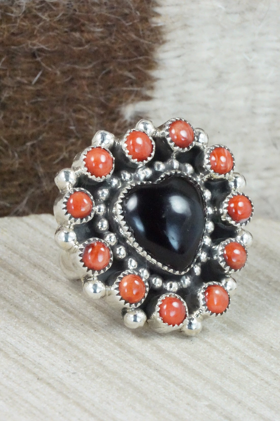Onyx, Spiny Oyster & Sterling Silver Ring - Sandra Parkett - Size 9 (Adj.)