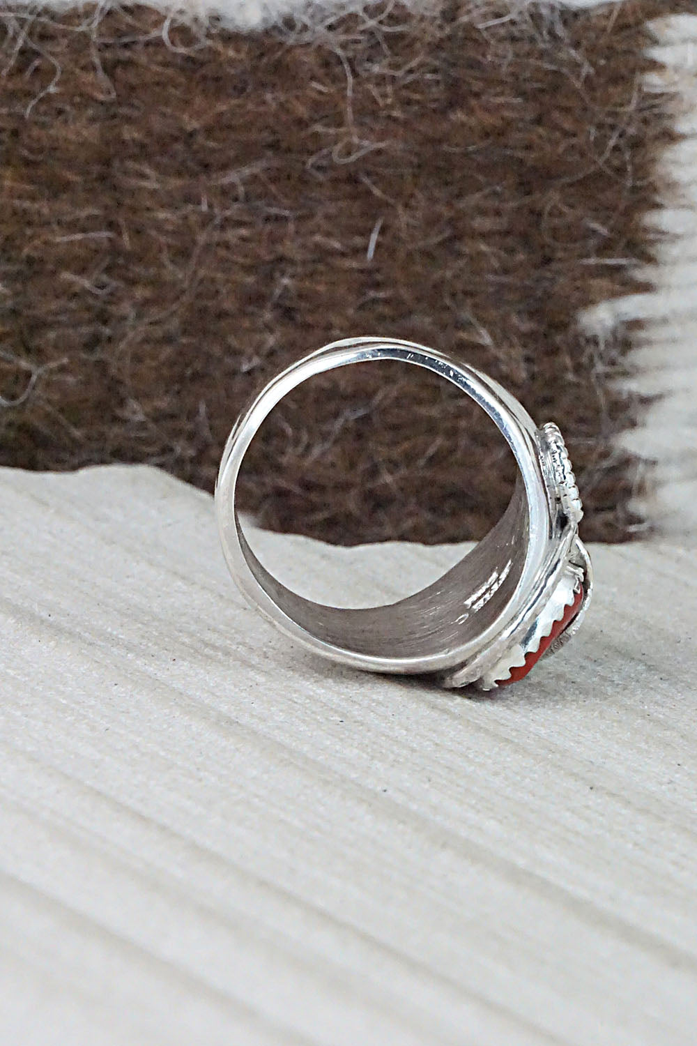 Turquoise, Coral & Sterling Silver Ring - Joy Calavaza - Size 8