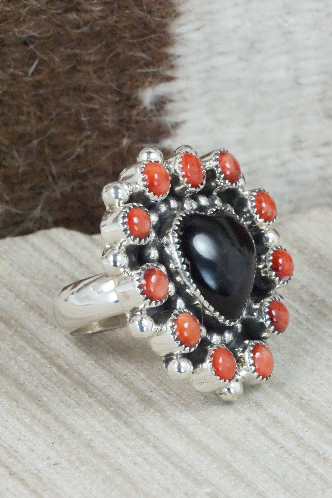 Onyx, Spiny Oyster & Sterling Silver Ring - Sandra Parkett - Size 9 (Adj.)