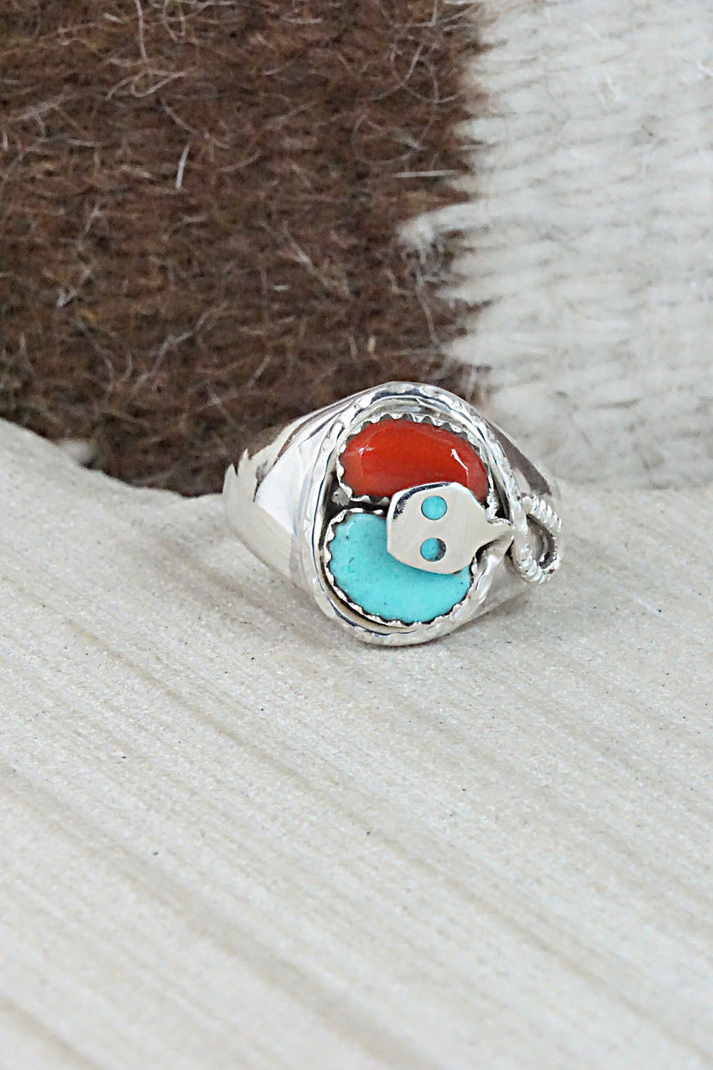 Turquoise, Coral & Sterling Silver Ring - Joy Calavaza - Size 9