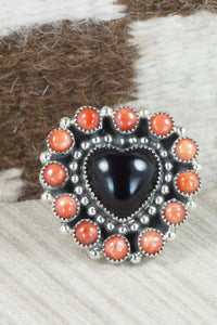 Onyx, Spiny Oyster & Sterling Silver Ring - Sandra Parkett - Size 7.5 (Adj.)