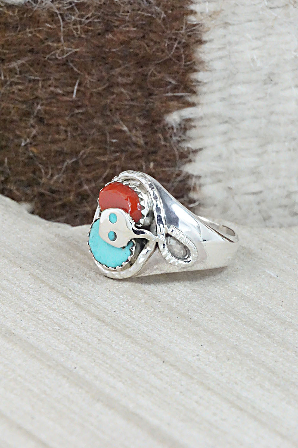 Turquoise, Coral & Sterling Silver Ring - Joy Calavaza - Size 9
