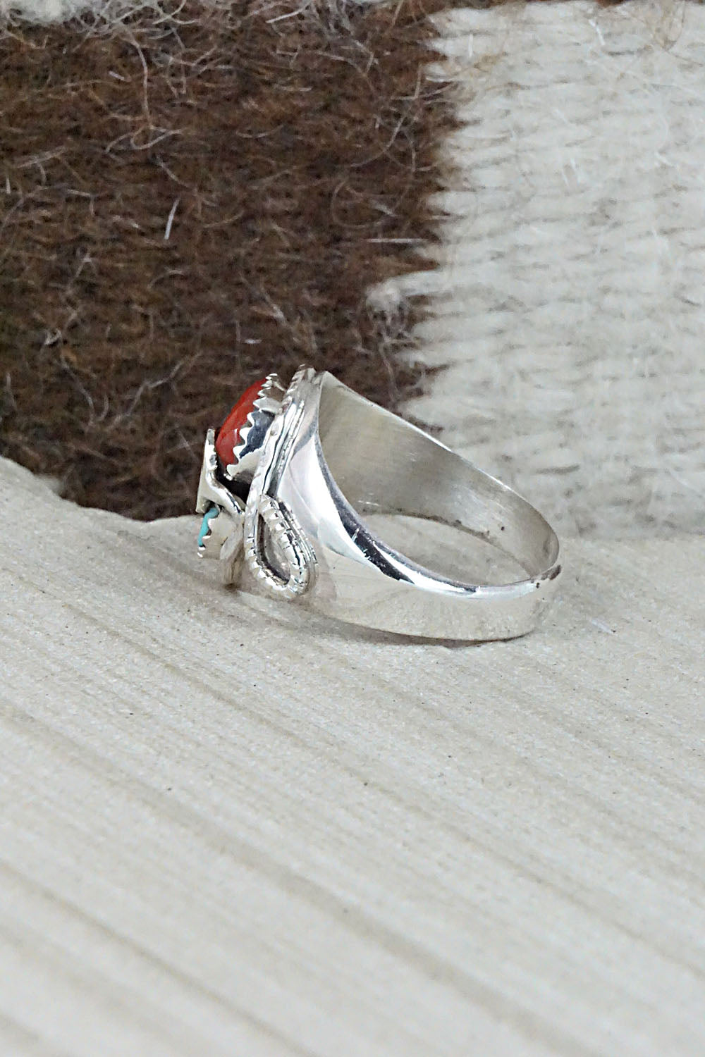 Turquoise, Coral & Sterling Silver Ring - Joy Calavaza - Size 9