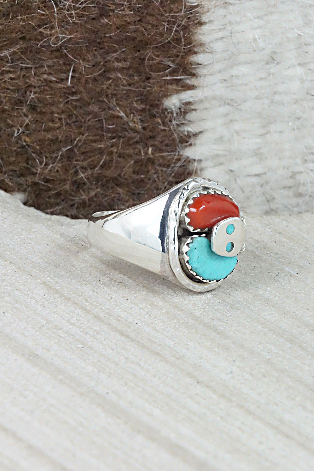Turquoise, Coral & Sterling Silver Ring - Joy Calavaza - Size 9