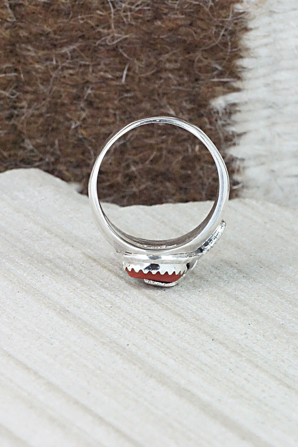 Turquoise, Coral & Sterling Silver Ring - Joy Calavaza - Size 9