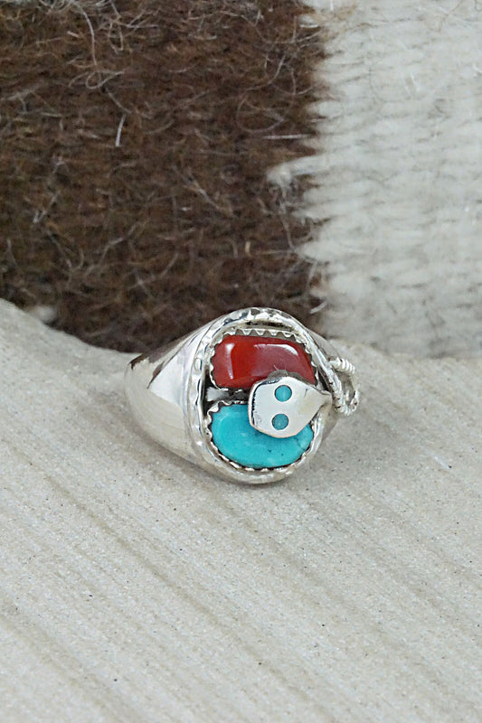 Turquoise, Coral & Sterling Silver Ring - Joy Calavaza - Size 6.5