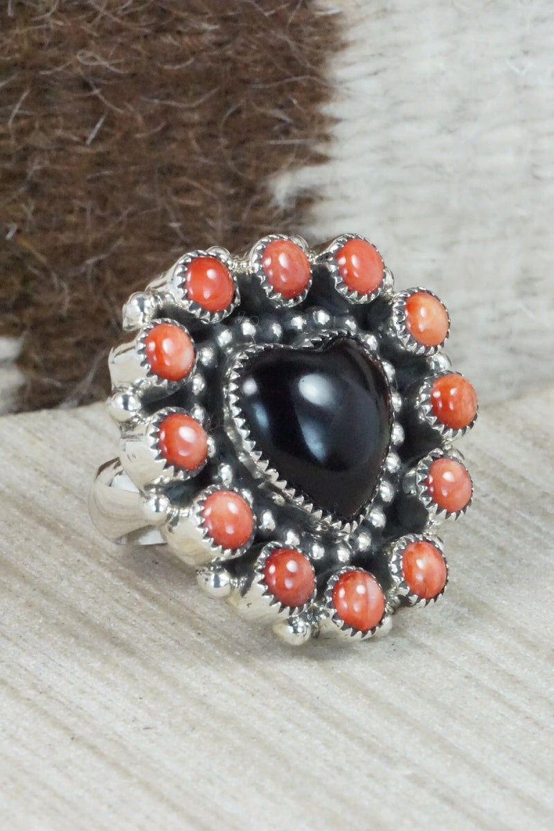 Onyx, Spiny Oyster & Sterling Silver Ring - Sandra Parkett - Size 7.5 (Adj.)