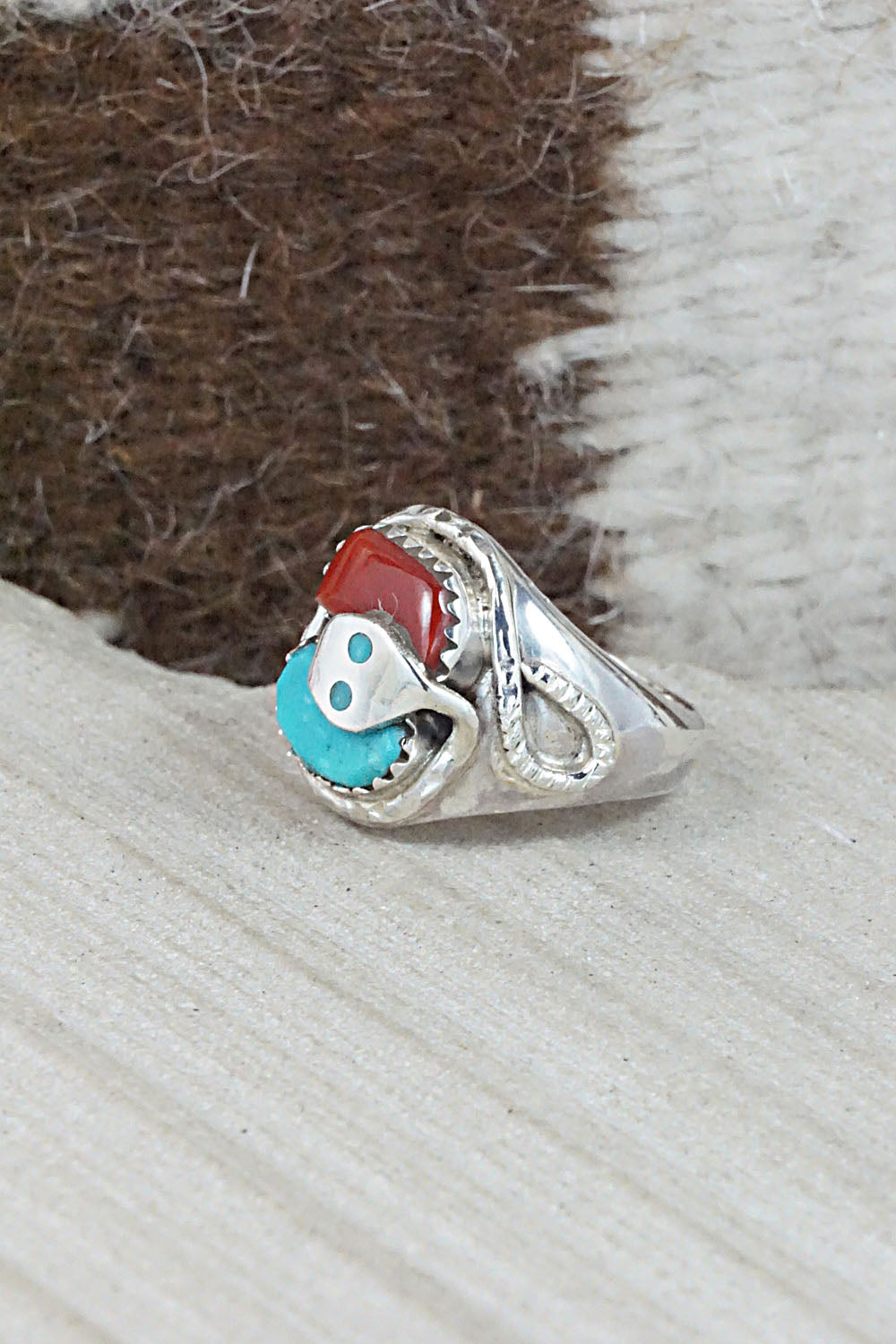 Turquoise, Coral & Sterling Silver Ring - Joy Calavaza - Size 6.5