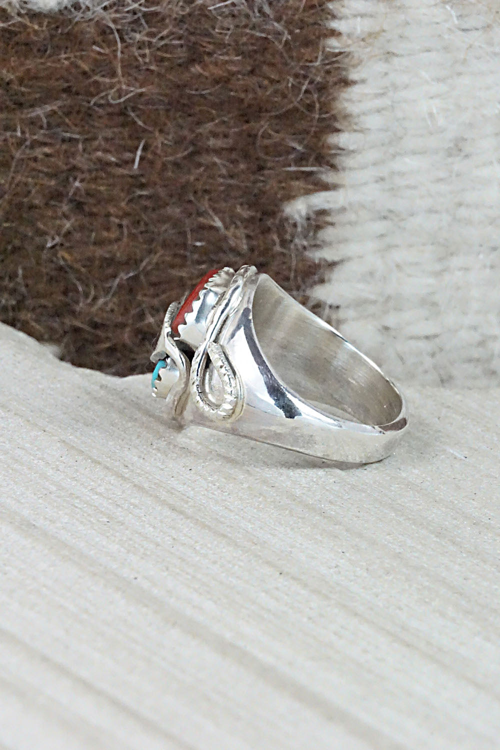 Turquoise, Coral & Sterling Silver Ring - Joy Calavaza - Size 6.5